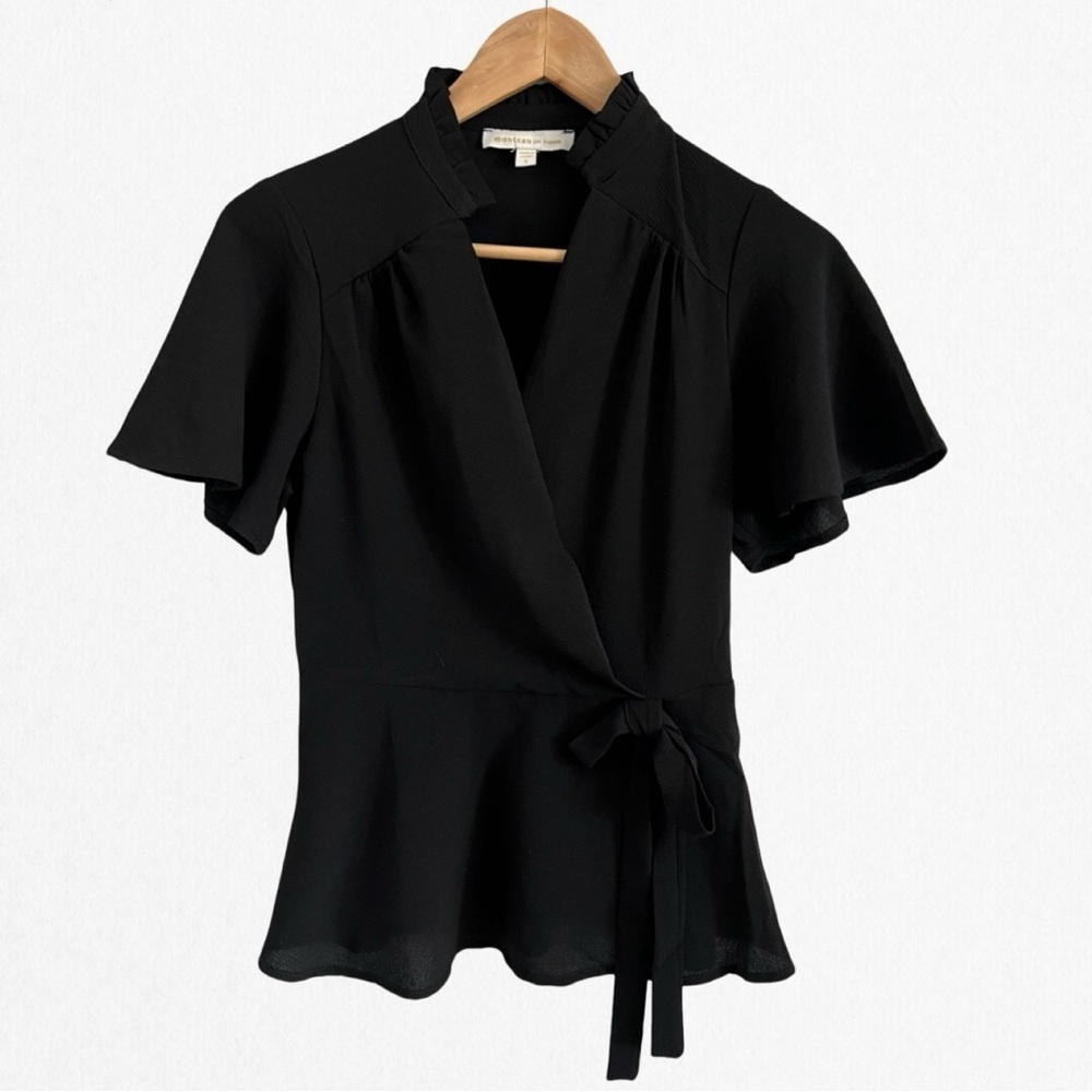 Women’s Black Short Sleeves Blouse, Sheered Neck, Gathered Waist and Peplum SM
